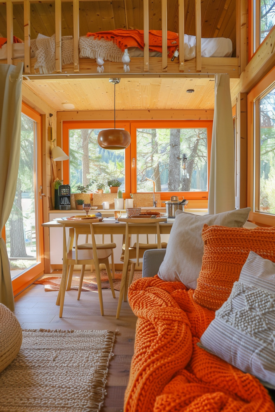 Tiny house living room. Light oak furniture with orange knit throw blankets.