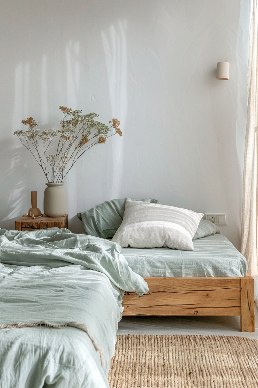 Aztek Japandi pastel bedroom. Wooden bed frame with pale mint-green bedding.