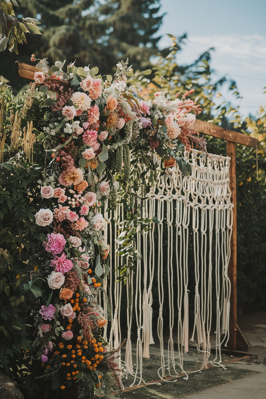 Boho-designed wedding. Macrame backdrops with pastel florals.