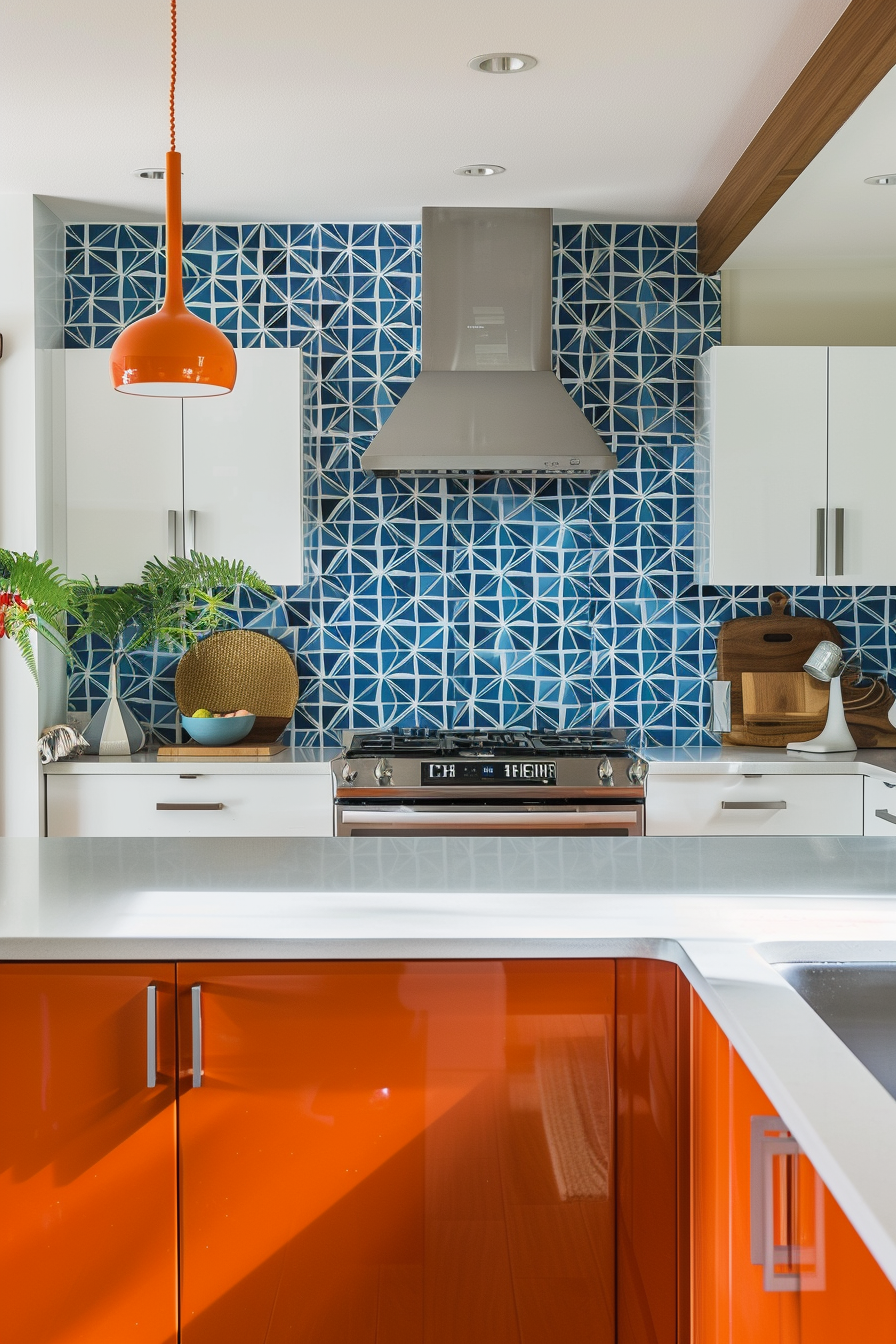 Mid Century Modern Kitchen. Bright orange countertop with blue geometric backsplash tiles.