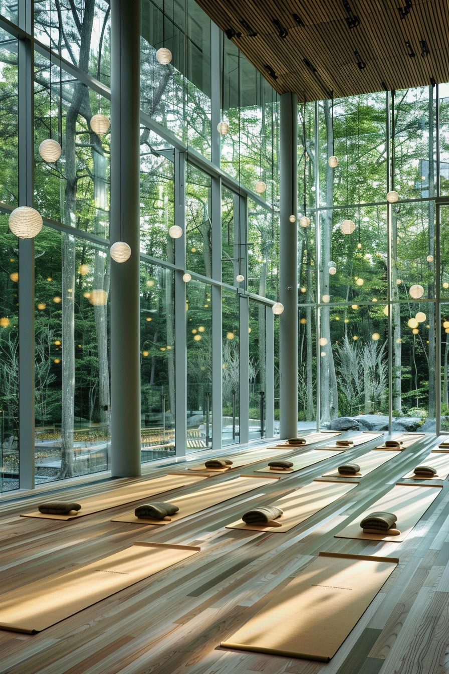 Yoga studio. Floor-to-ceiling windows with minimalistic bamboo mats.