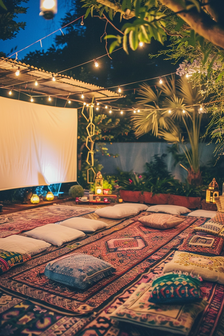 Backyard movie night. White projector screen, hanging fairy lights, Moroccan rugs and plush cushions.