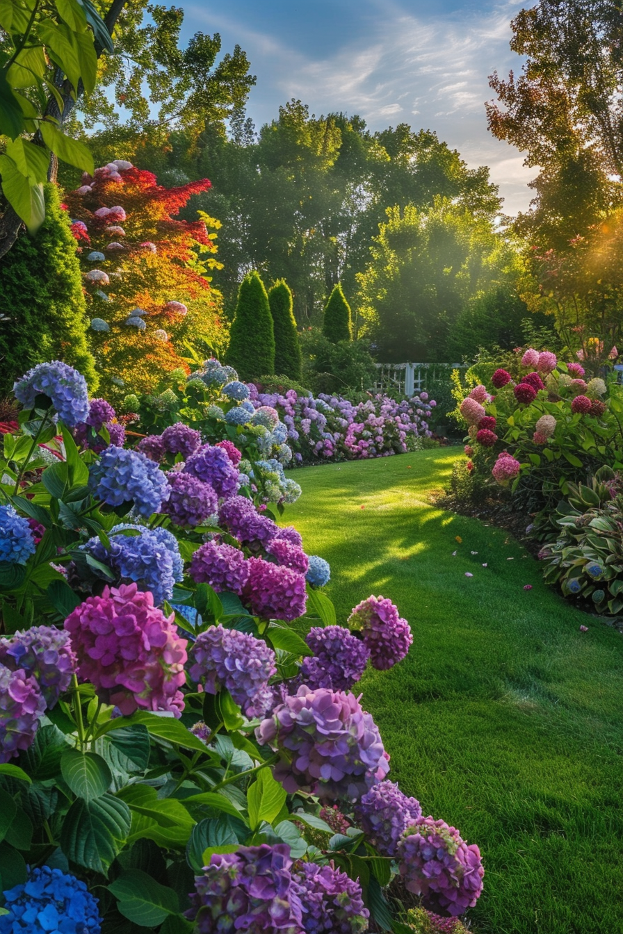 Beautiful backyard view. A well-manicured garden with colorful hydrangeas under morning panorama.