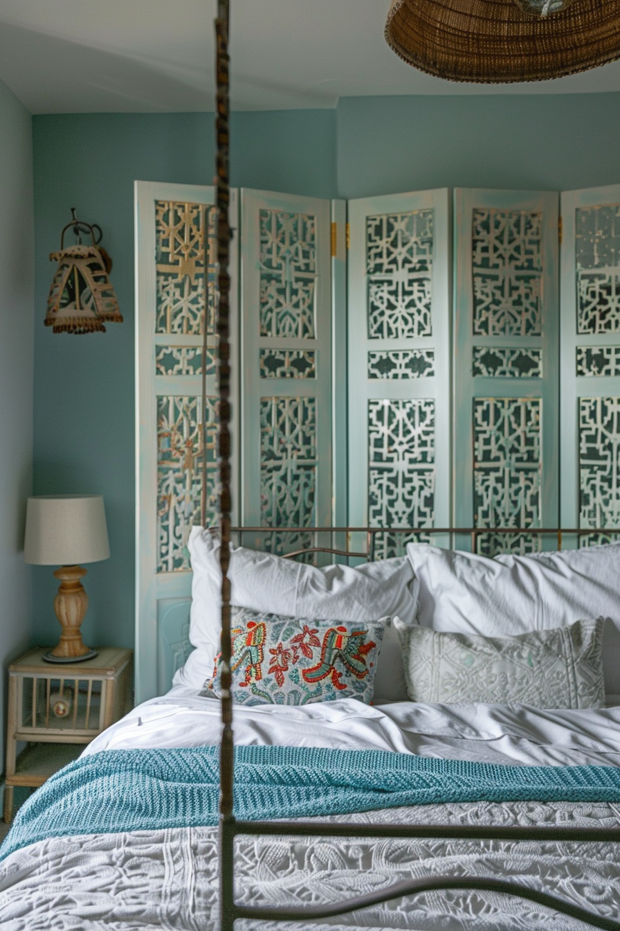 Aztek Japandi Pastel Bedroom. Pastel Turquoise Shoji Screen with intricate Aztec patterns.