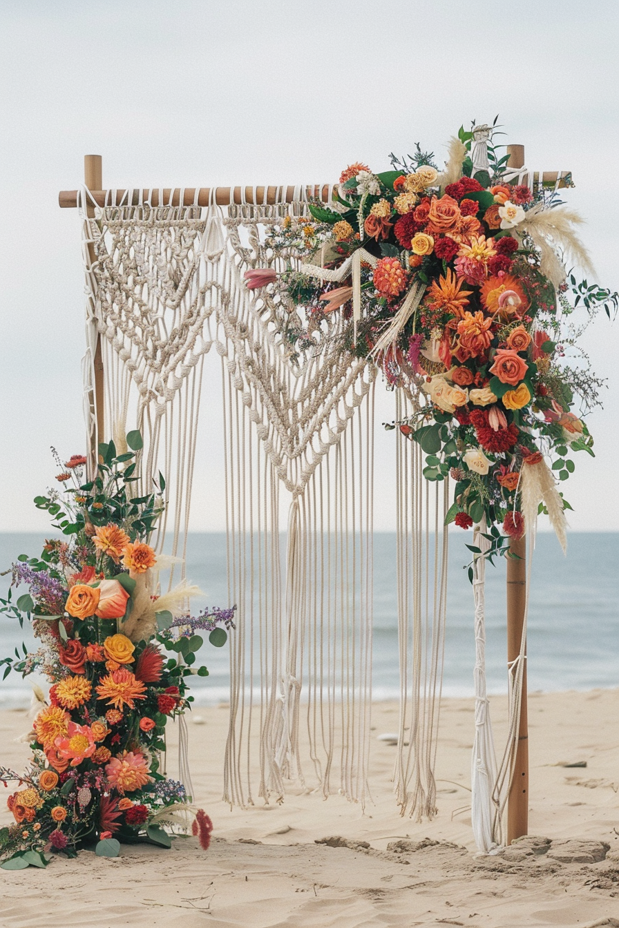 Beach wedding. Macramé arch with warm-toned florals.