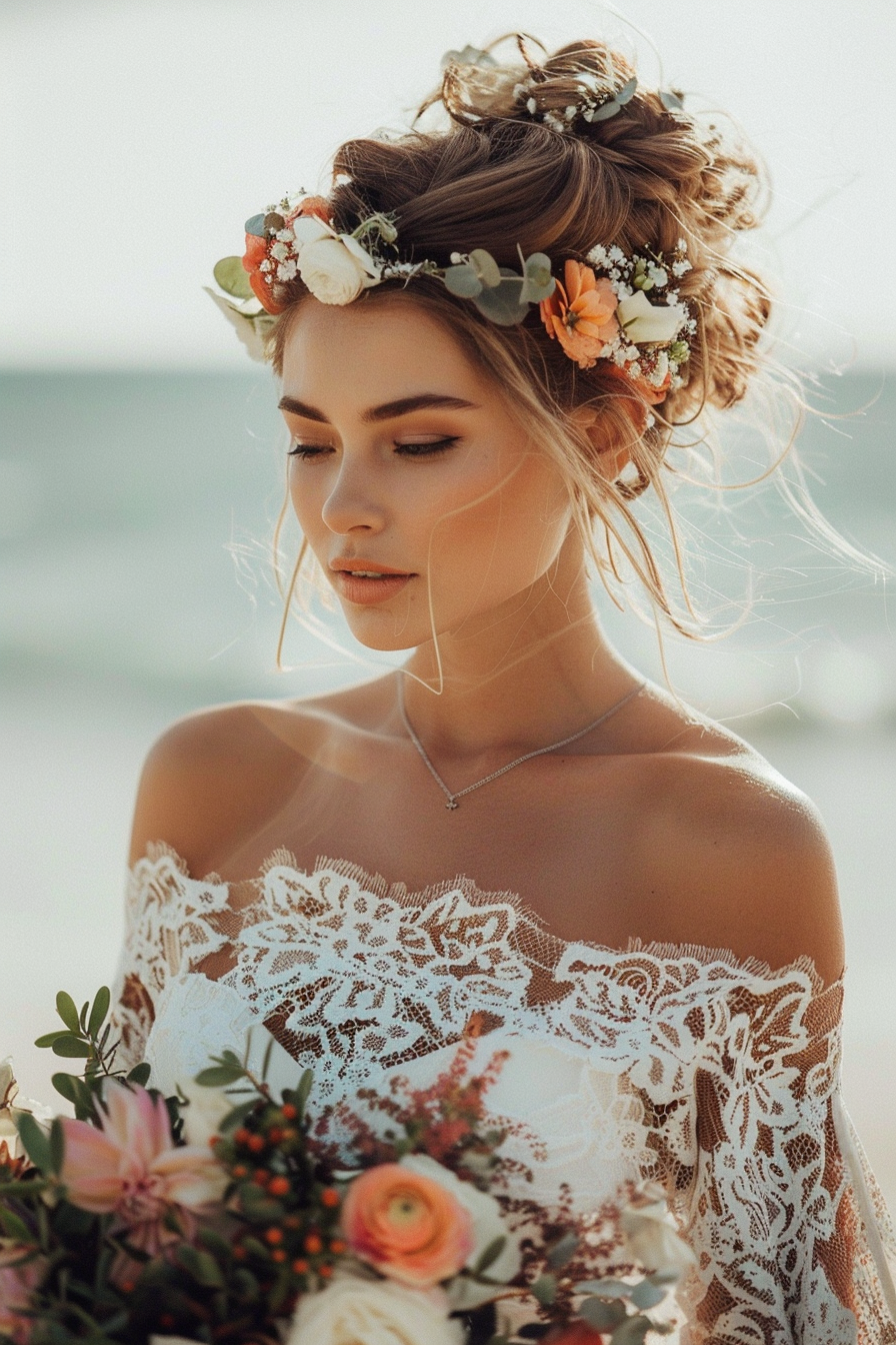 Boho beach wedding. Floral lace, off-shoulder bride dress with trenza updo.