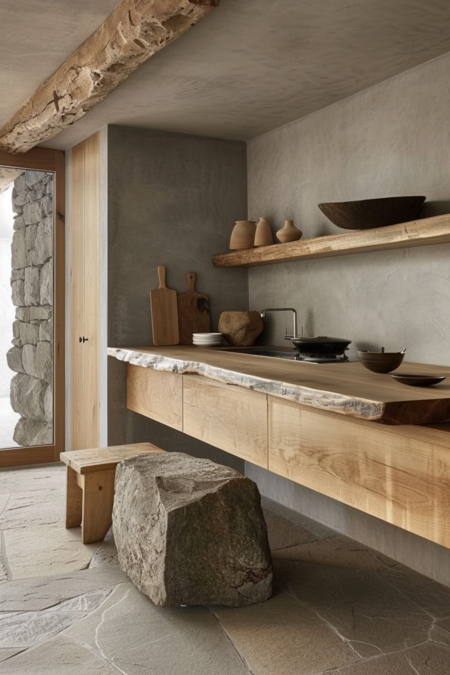 Japandi kitchen. Minimalist wooden cabinets with raw stone countertops.