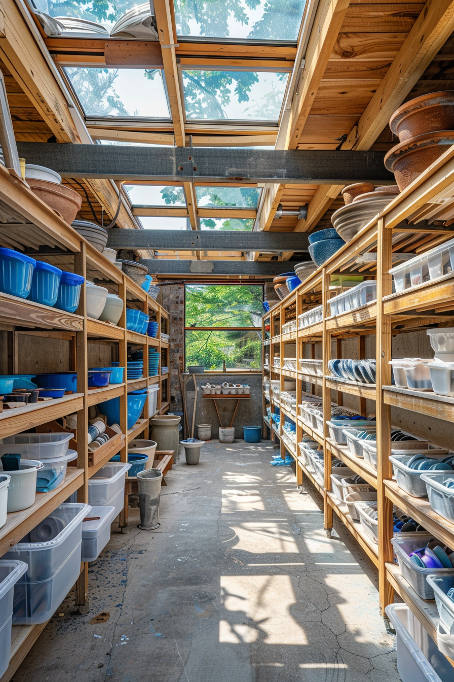 Clay workshop. Transparent storage bins under wooden shelves, skylight, bright blue pottery on display.