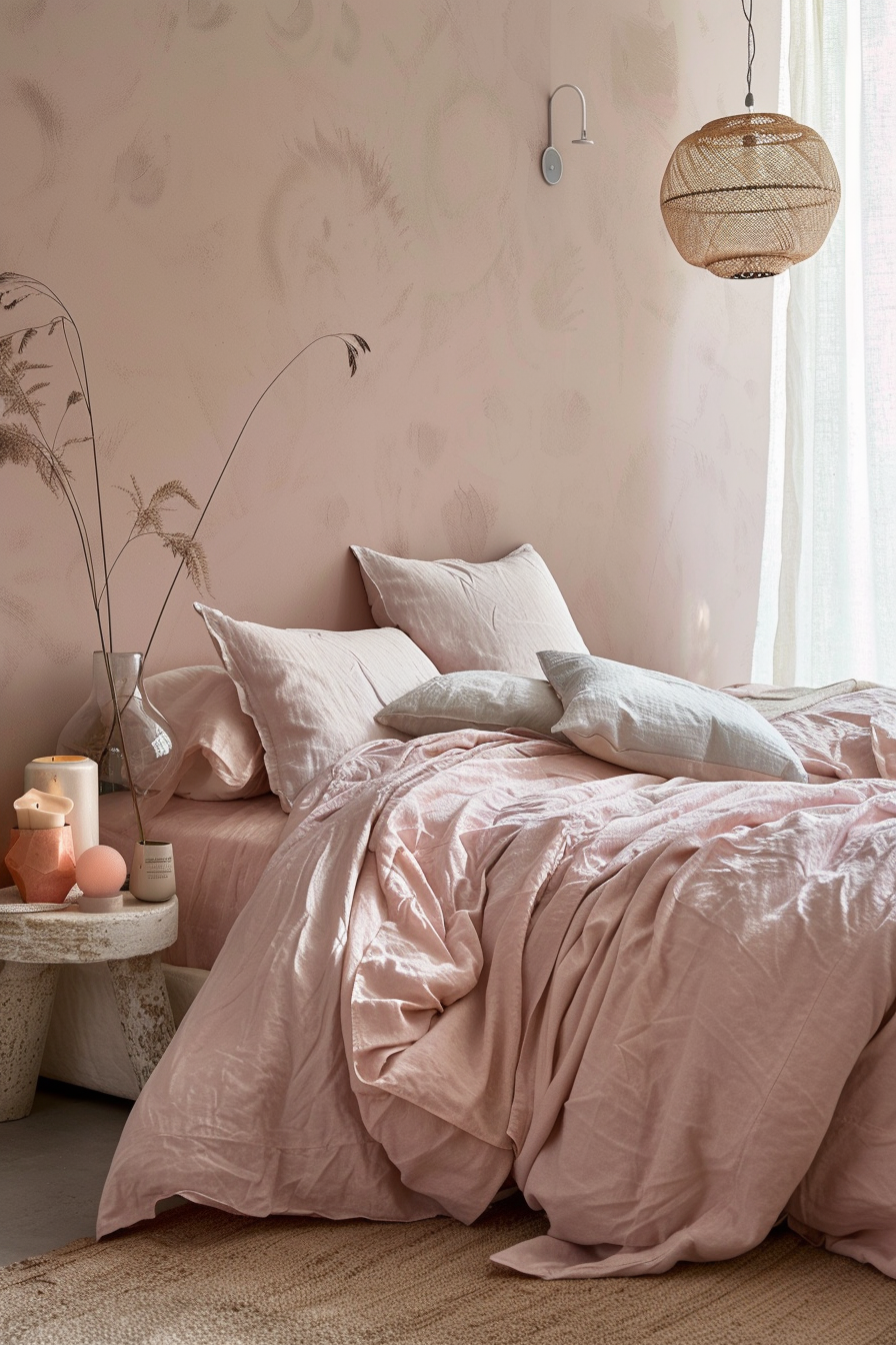 Aztek Japandi Pastel bedroom. Low platform bed with blush pink bedding.