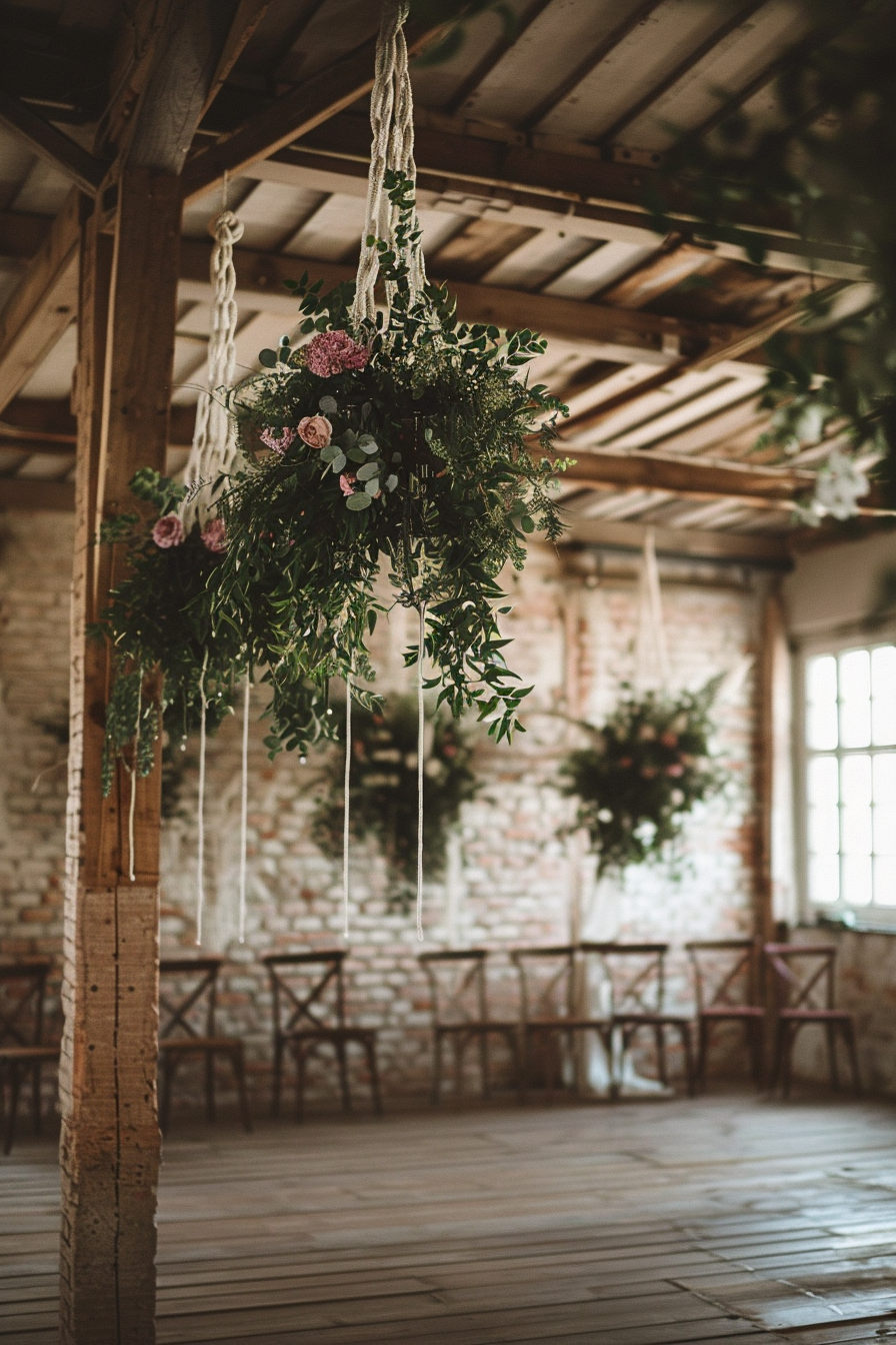 Wedding venue. Hanging macramé decorations amidst bare wooden beams.