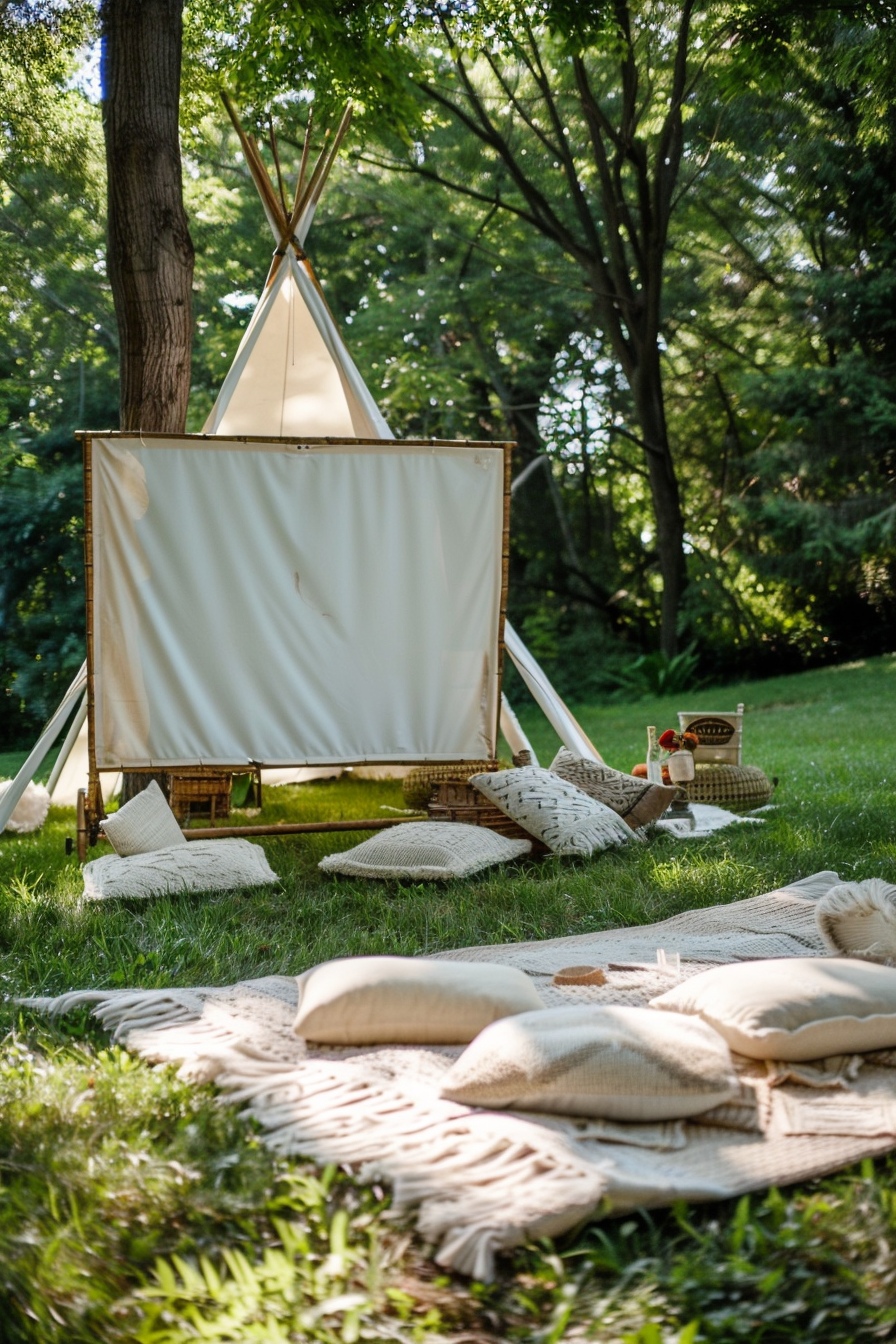 Backyard movie night. Projector screen against a white canvas tepee with scattered floor pillows.