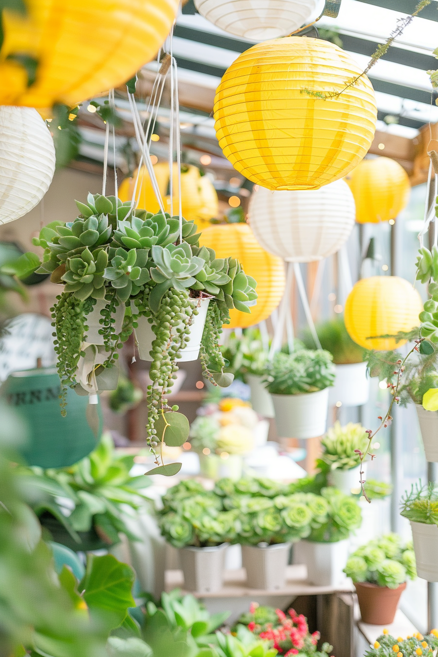 Boho themed greenhouse birthday party. Yellow and white paper lanterns, hanging succulent planters.