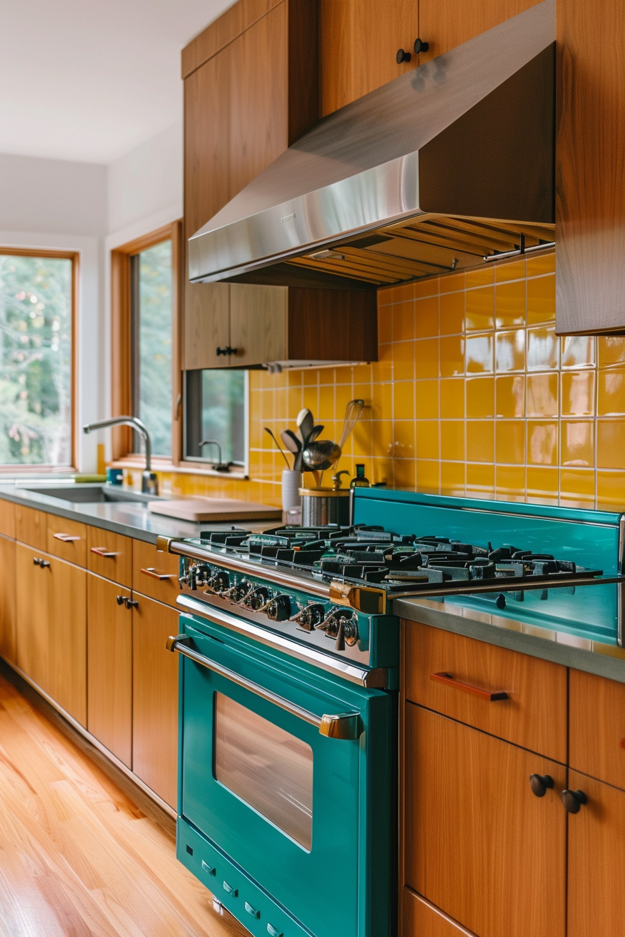 Mid Century Modern kitchen. Vibrant yellow backsplash with dark teal appliances.