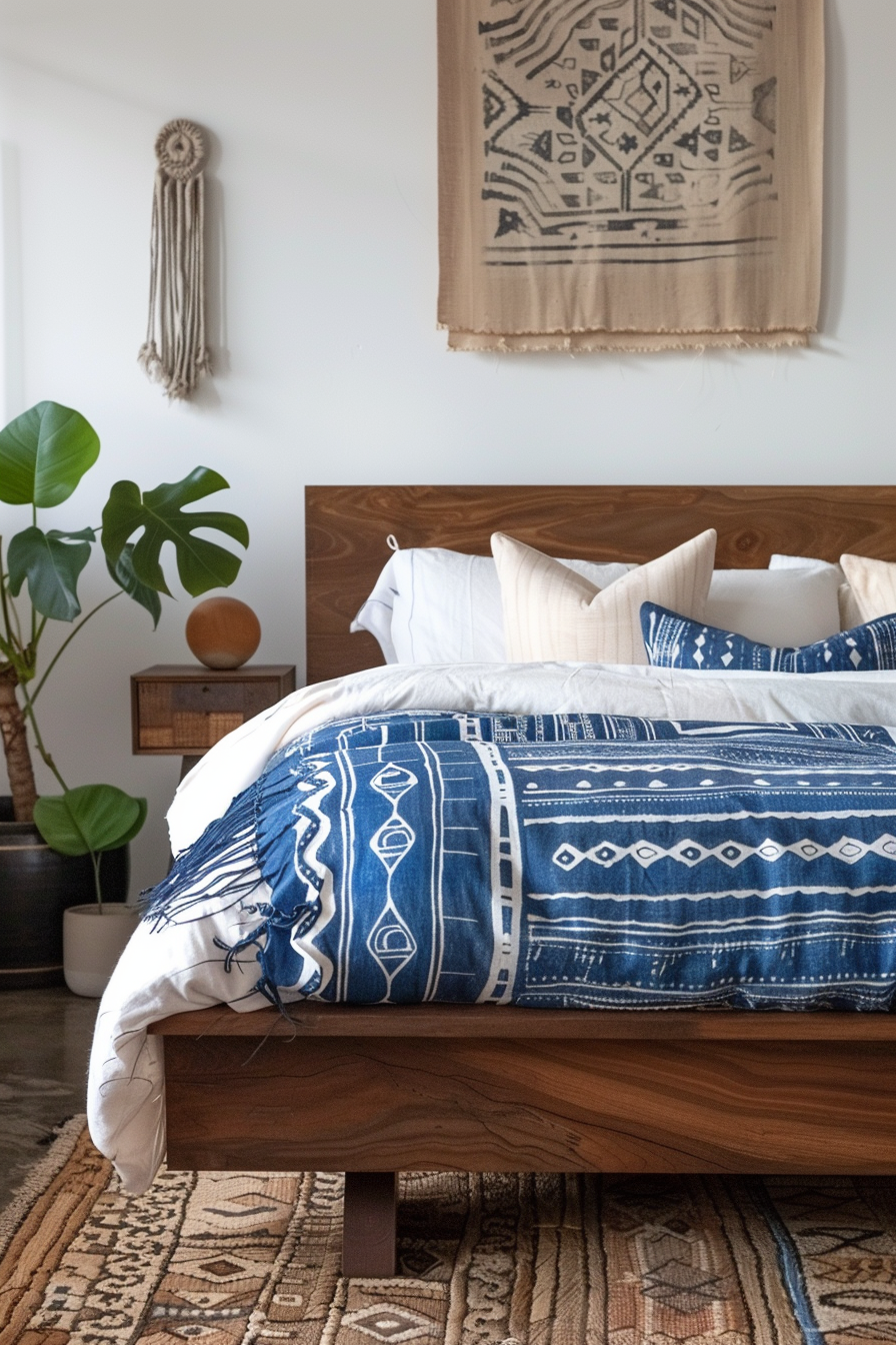 Japandi x Aztek bedroom design. Mahogany platform bed with block-printed indigo duvet.