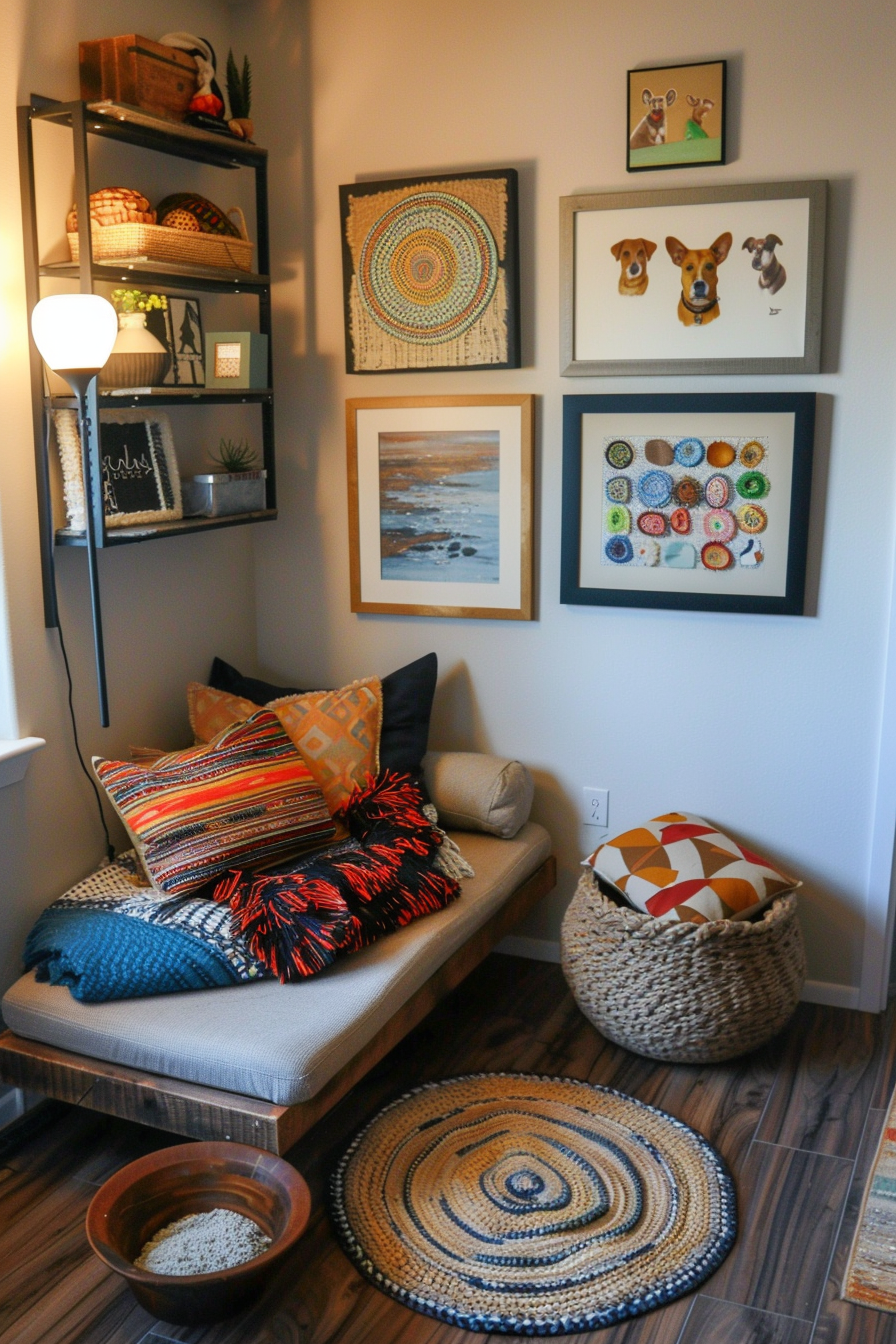 Personal dog corner design. Plush dog bed, ceramic bowls, rope toys, dog-themed art prints.