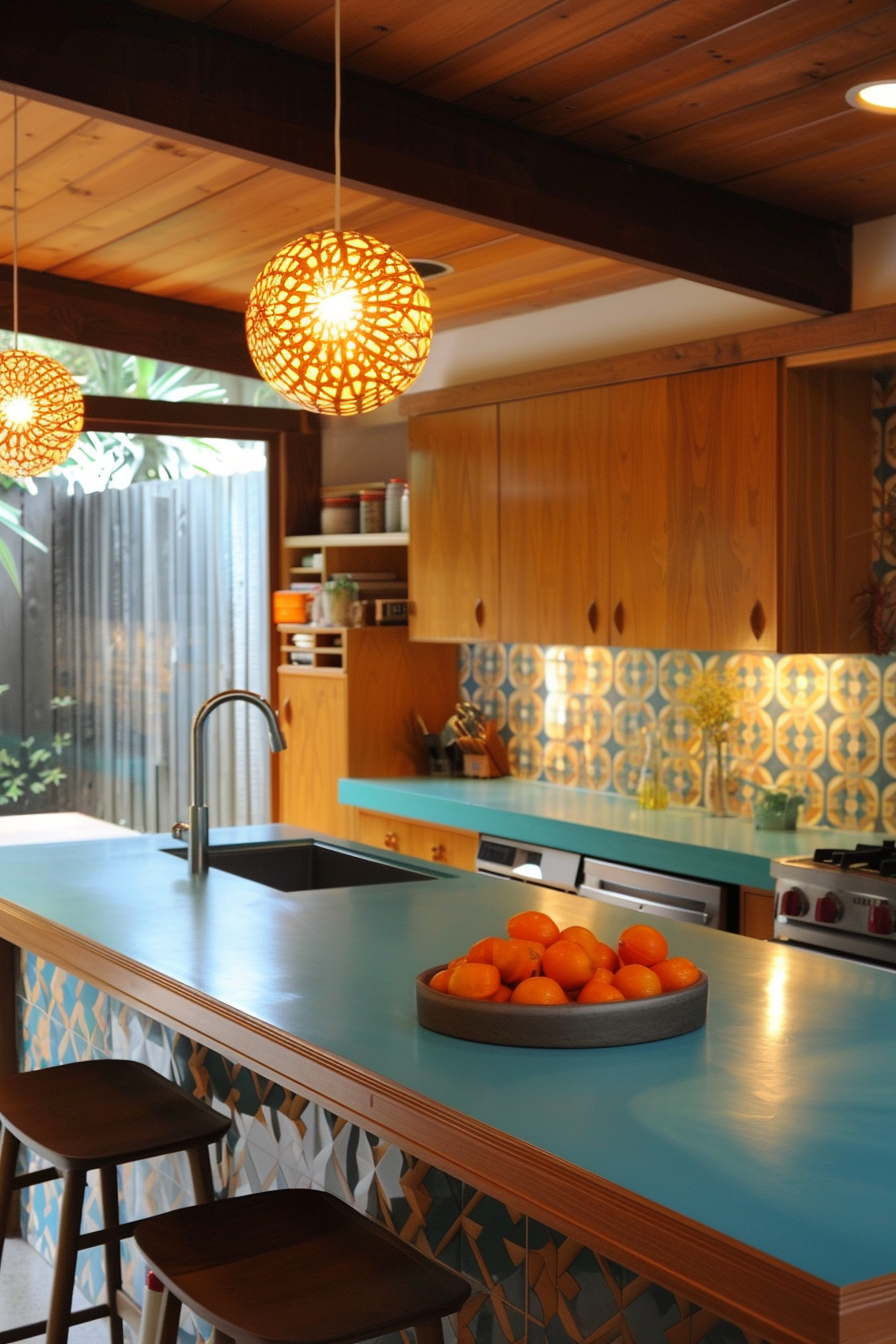 Mid Century Modern Kitchen. Turquoise countertops with geometric-patterned splashback.