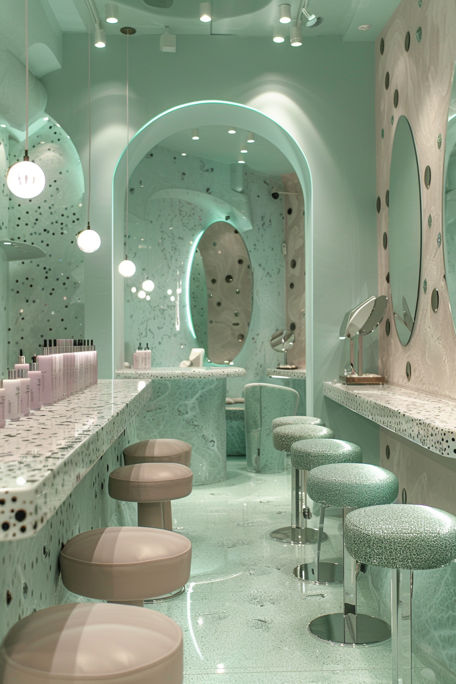 Nail salon design. Aquamarine walls, spotted mirrors and lavender nail polish bottles.