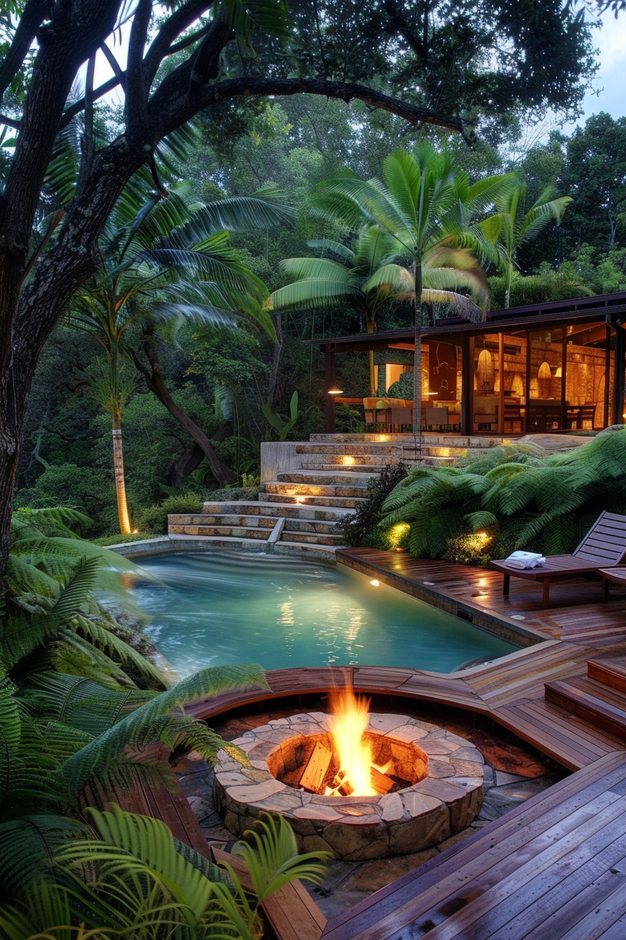 Dream backyard. Teakwood deck, an infinity pool, circular stone bonfire area, lush ferns.