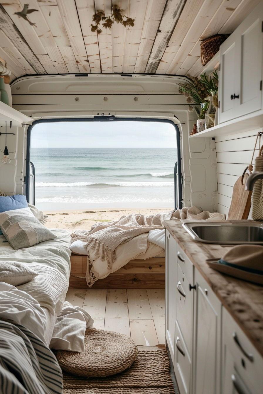 Coastal camper van interior. Wooden flooring, beach view through the window, muted tones.