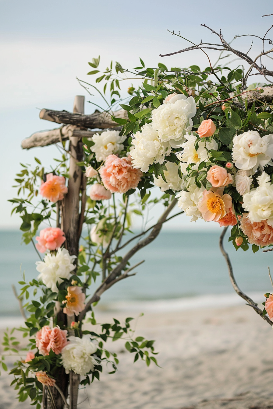 Beach wedding. Grass arch adorned with white and coral-colored peonies.