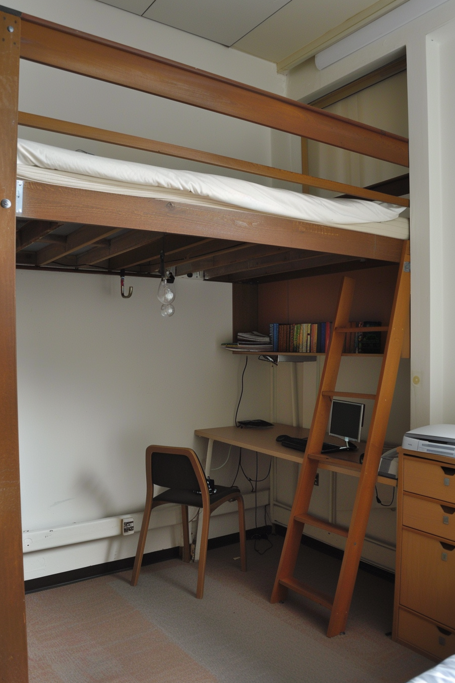 Minimalist dorm room. Twin loft bed with built-in desk underneath.