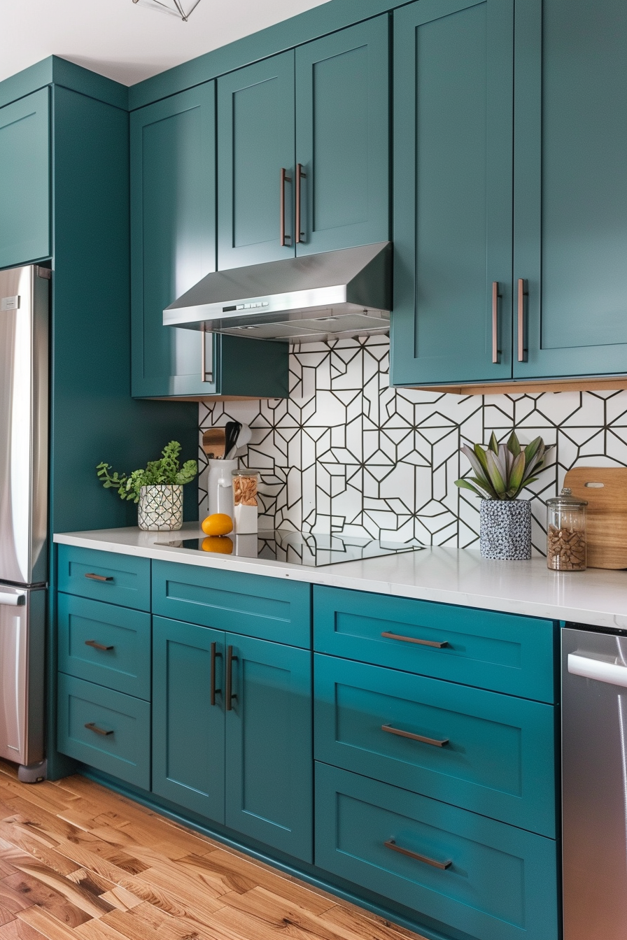 Mid Century Modern Kitchen idea. Teal cabinets with geometric backsplash.