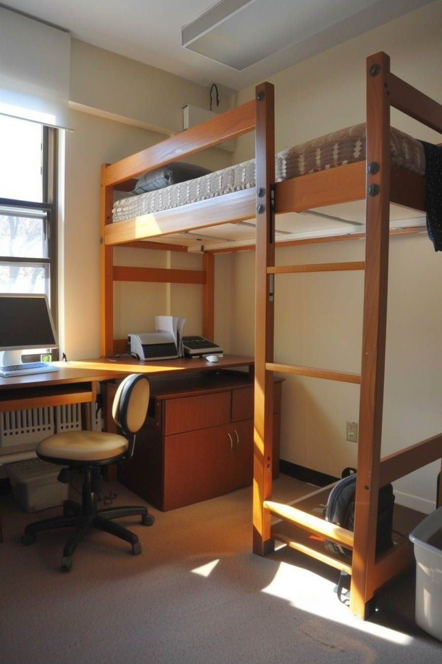 Minimalist dorm room. Single loft bed with sans-serif desk underneath.