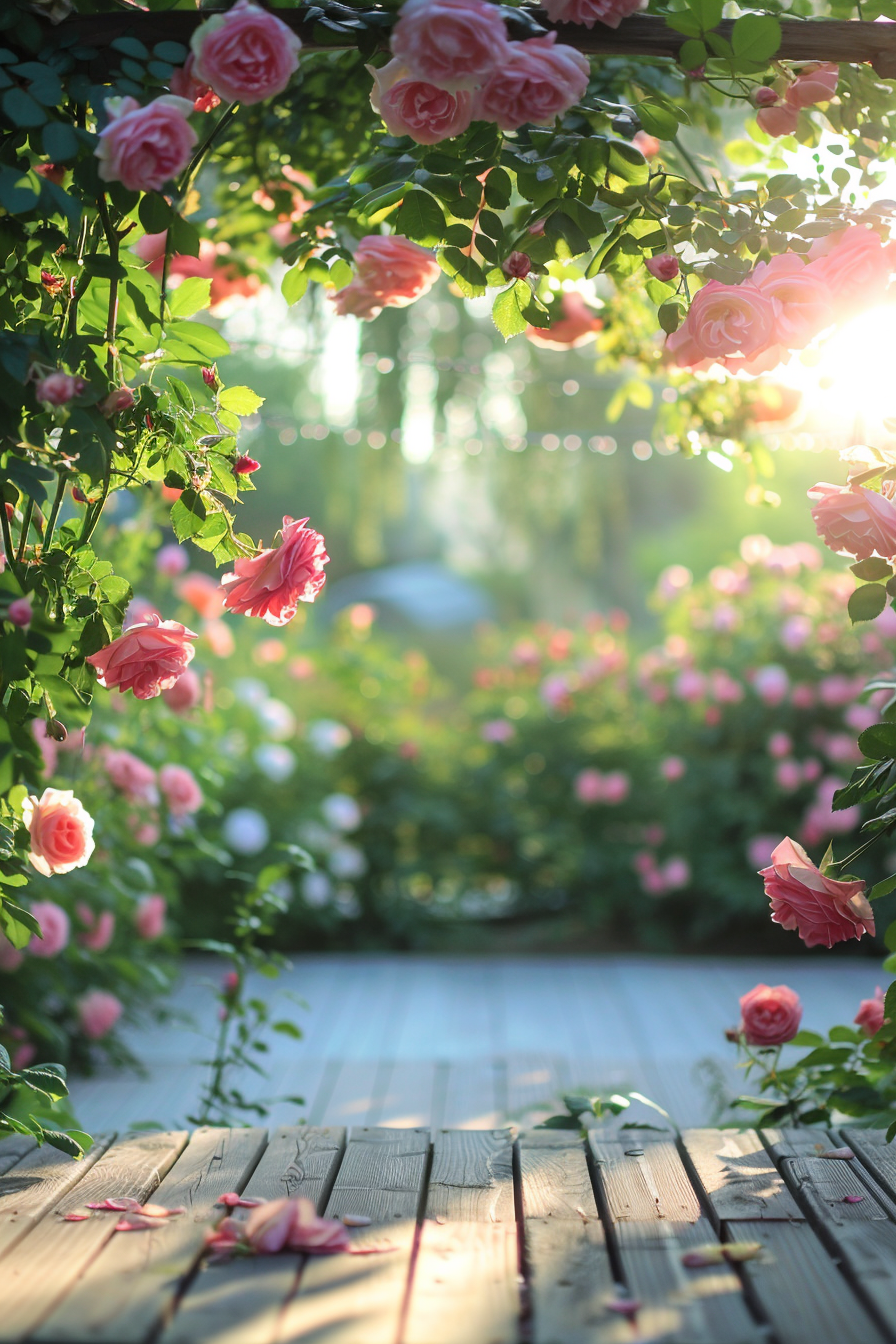 Beautiful backyard view. English garden with blooming roses from a wooden deck.