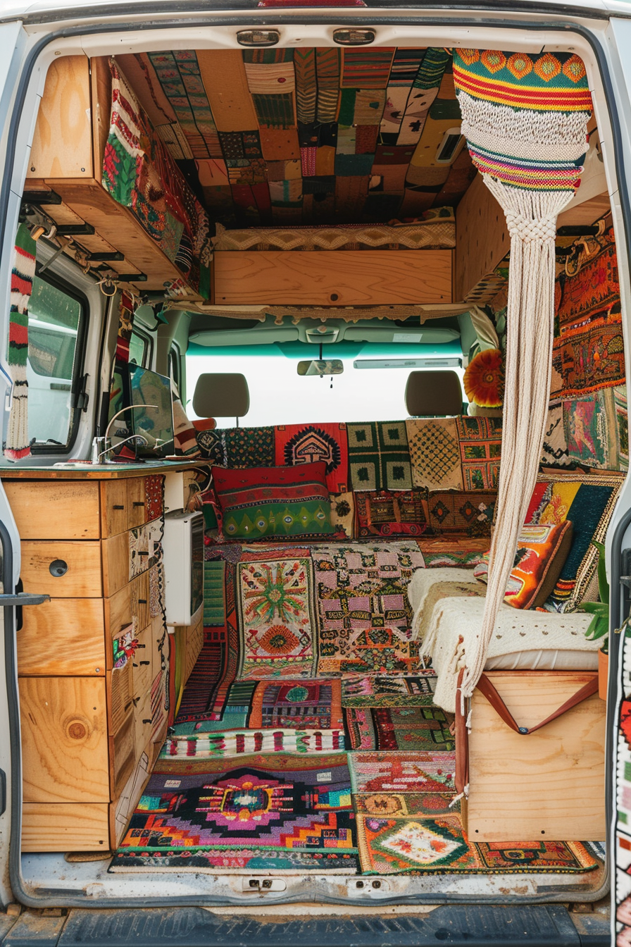 Converted Sprinter van camper. Full-view with multicoloured patchwork upholstery and hanging Macramé.