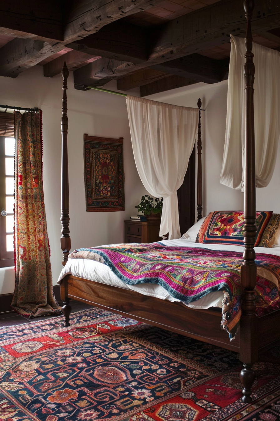 Bohemian bedroom design. Colorful Persian rug with a canopy wooden bed.