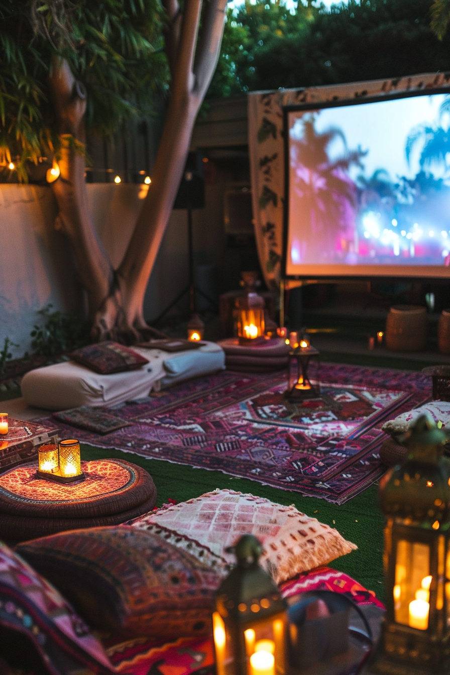 Backyard movie night. Antique brass lanterns, Moroccan cushions, and a freestanding projector screen.