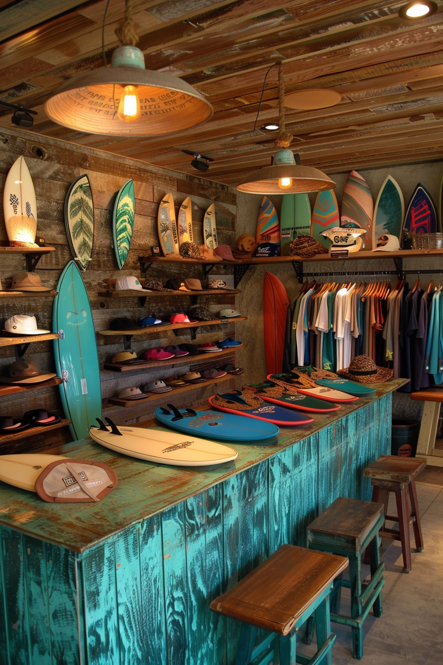 Surf shop design. Turquoise-colored counter adorned with mini surfboards and beach hat display.