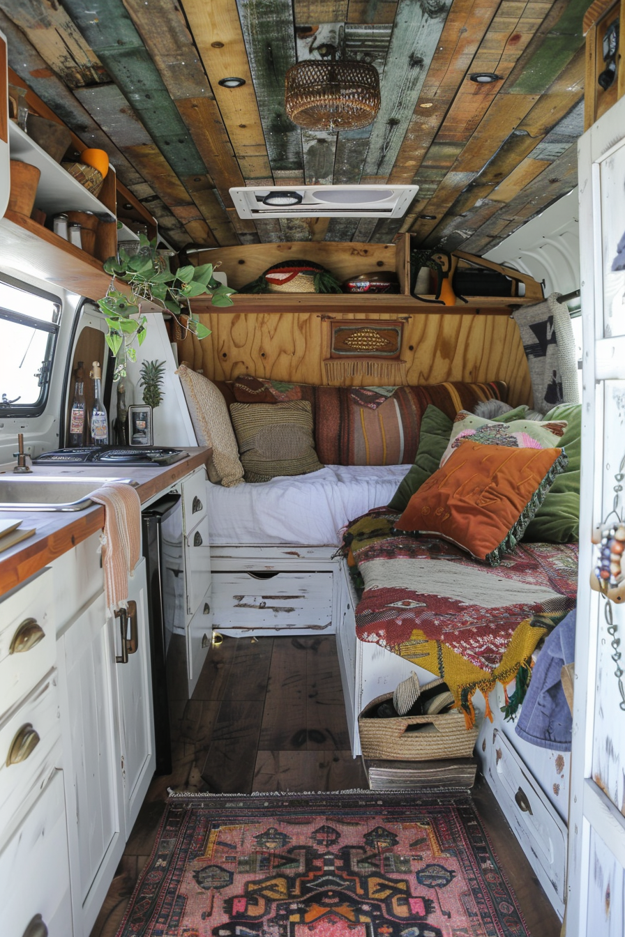 Converted Sprinter van camper. Boho design, Moroccan throw, and rustic wooden floors.