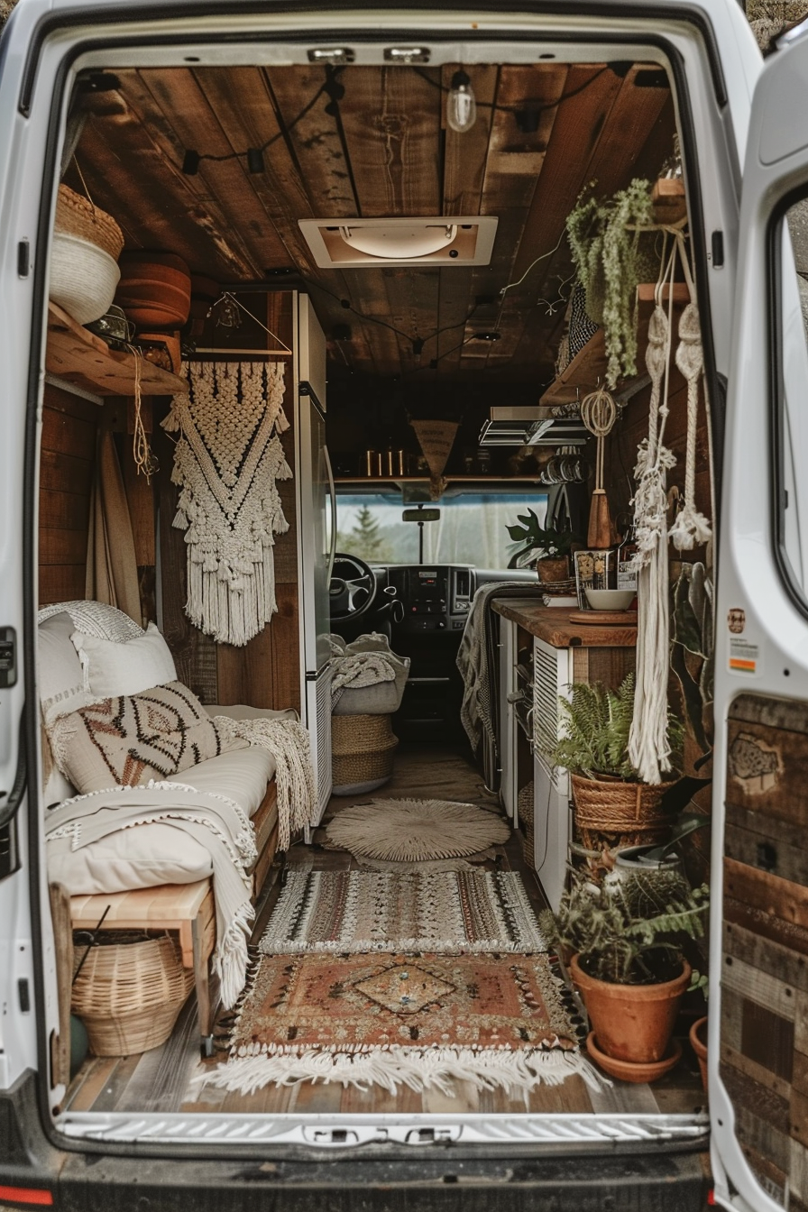 Sprinter van camper. Wide view of macrame hangings and rustic wood accents.