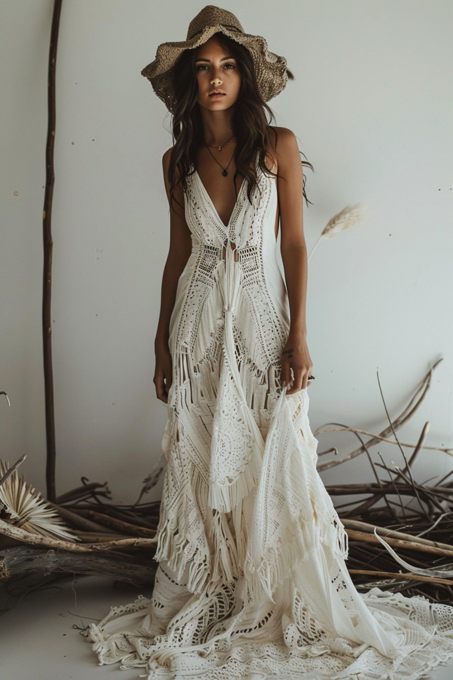 Beach wedding. Boho bridal maxi dress in off-white with crochet detailing.