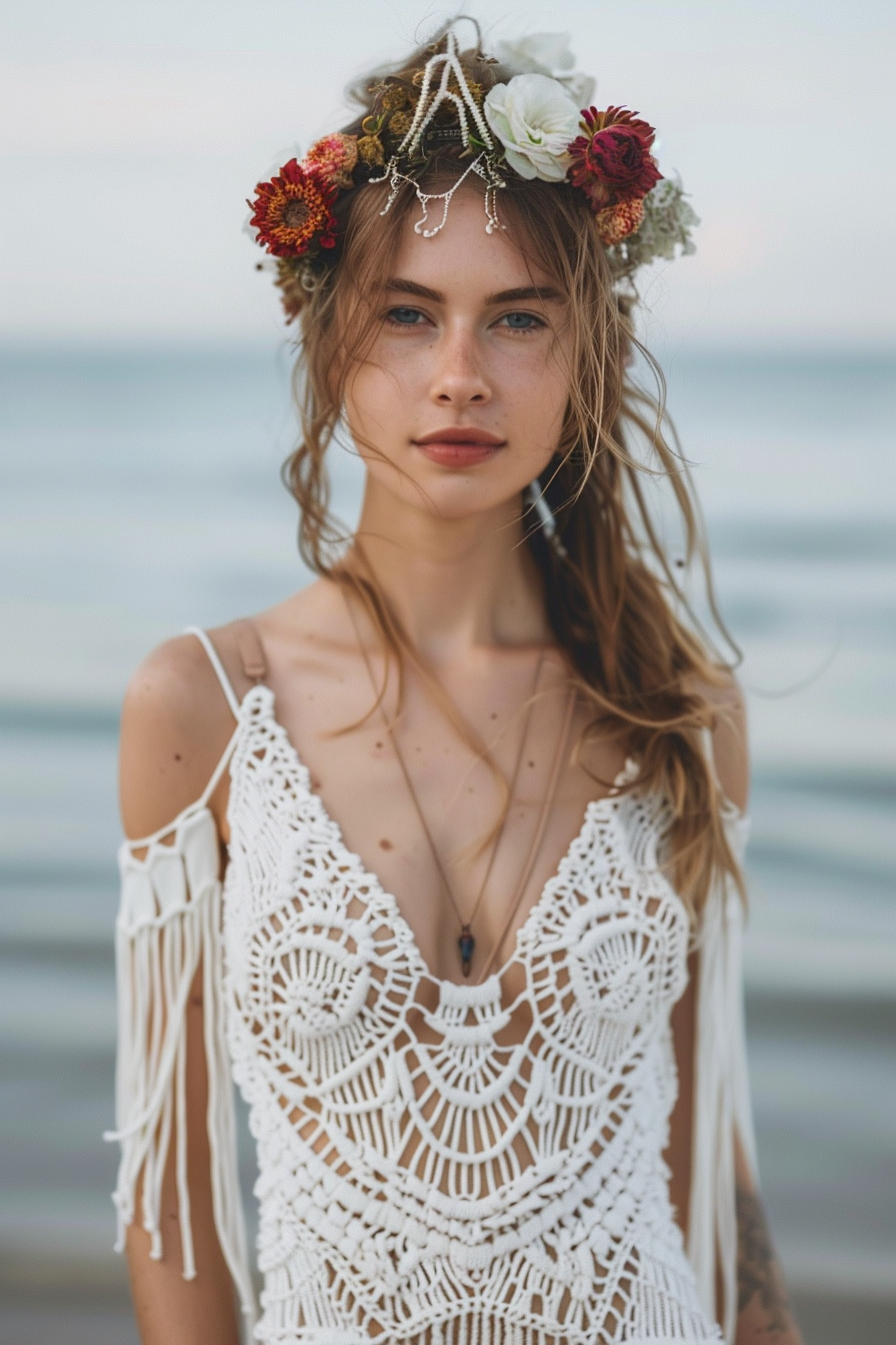 Beach wedding outfit. White macramé maxi dress with floral headband.