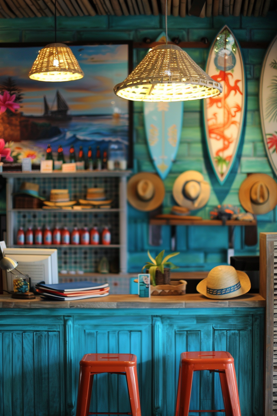 Surf shop design. Turquoise counter adorned with miniature surfboards and woven sun hats.