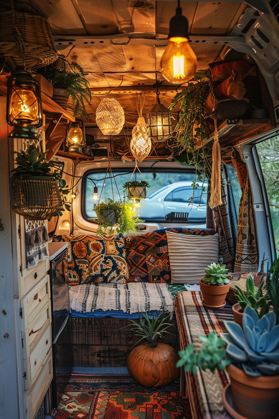 Sprinter van camper. Boho design with hanging lanterns and potted succulents.