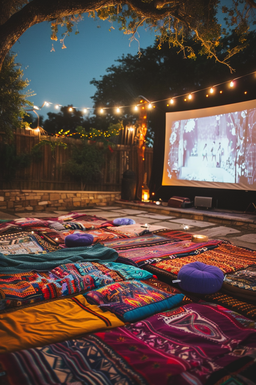 Backyard movie night. Projector screen with colorful bohemian picnic blankets.