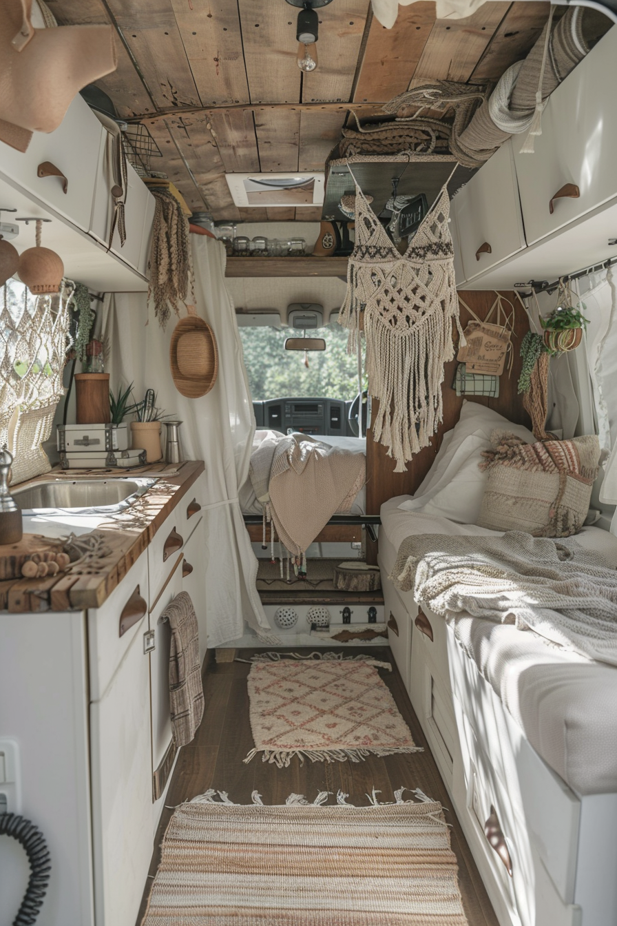 Converted Sprinter van camper. Boho interior with hanging macrame and wooden features.