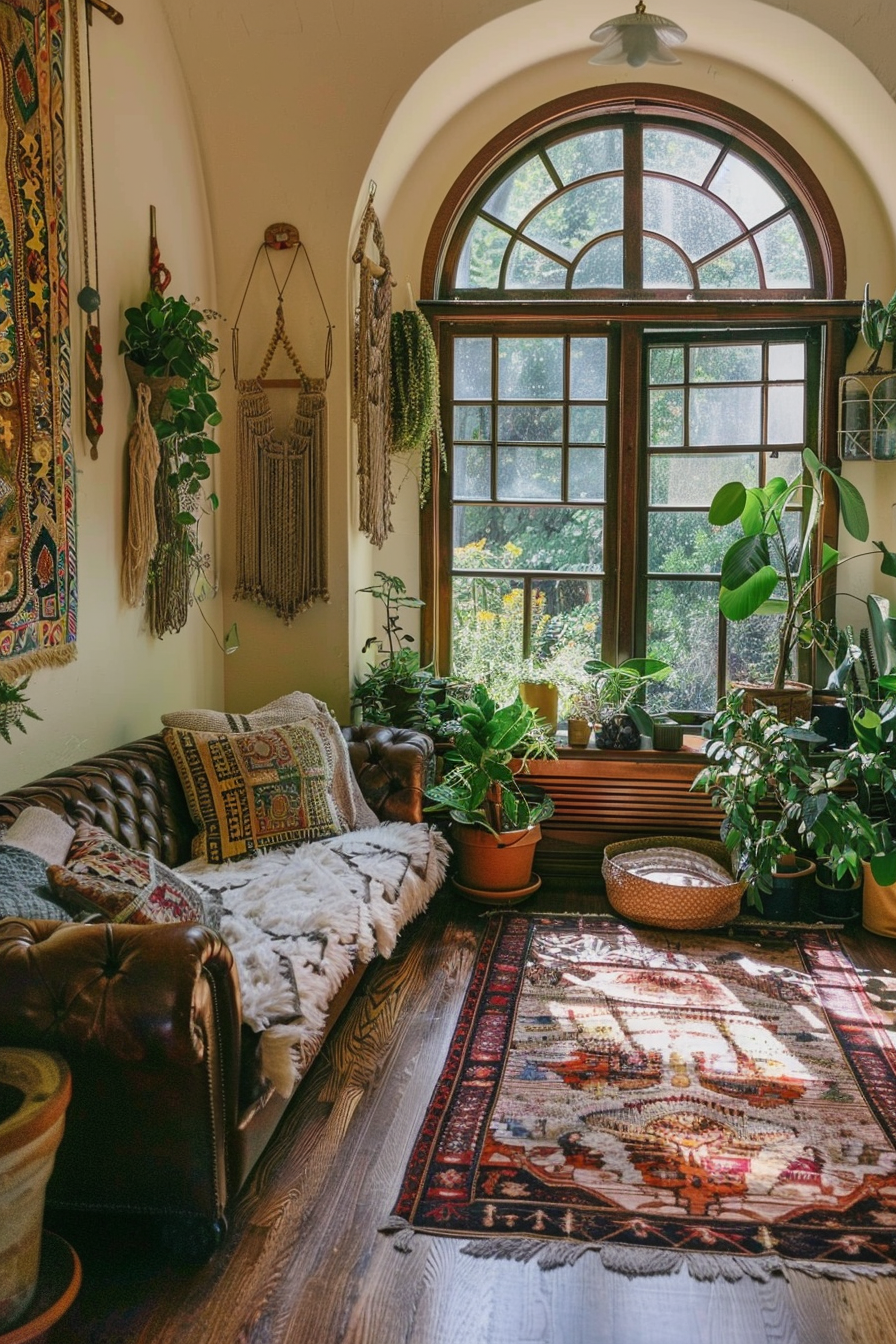 Living room. Chesterfield sofa, Moroccan rug, macrame wall hangings, succulent plants, large bowed windows.