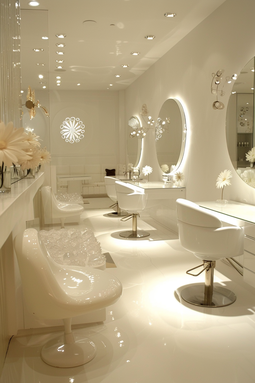 Nail salon design. White contemporary mirrors with radiant wreath of daisies and manicure tables.