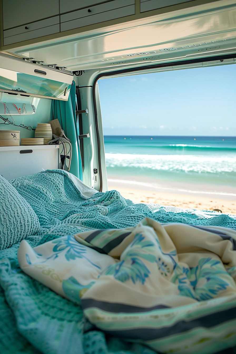 Coastal camper van interior. Turquoise blankets, surfboard overhead, beach view from window.