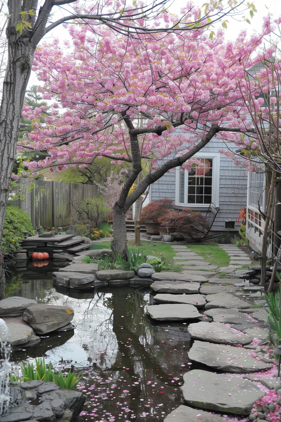 Backyard view. Cherry blossom tree next to a small pond with stepping stones.