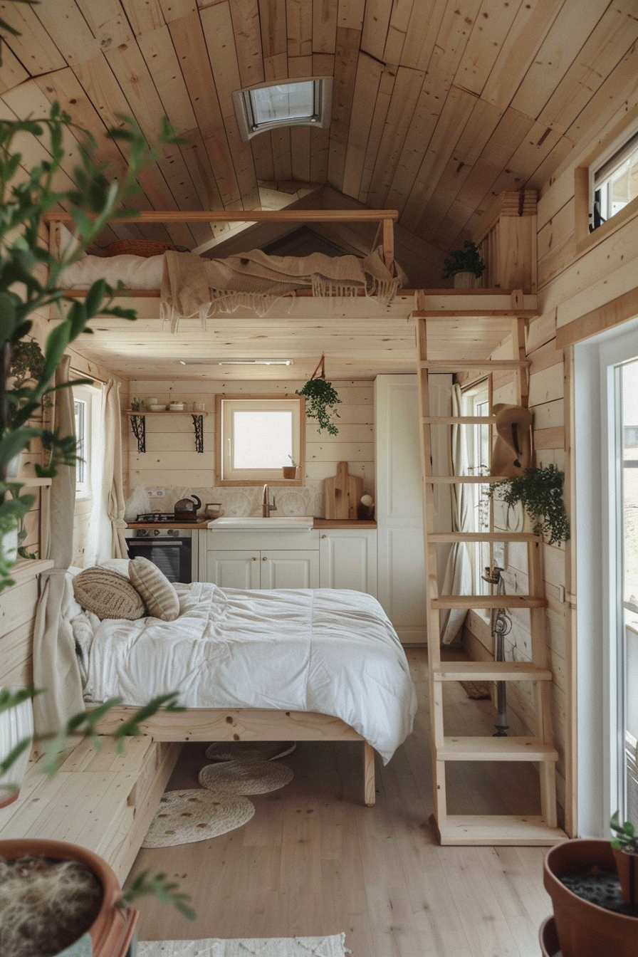 Tiny house. Wood exterior, loft bedroom, clay pot plants, cream interiors.