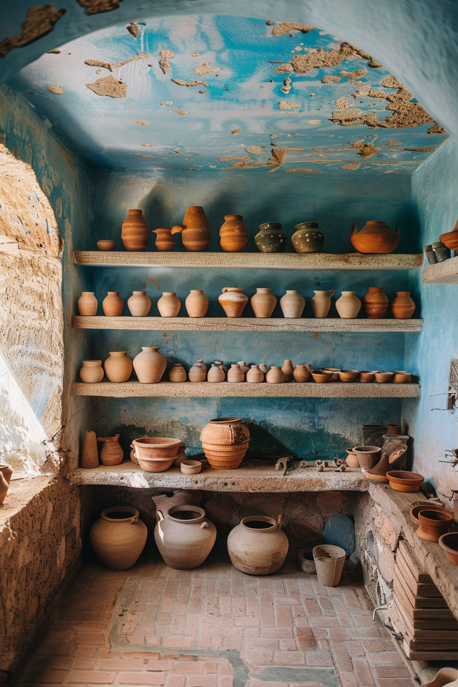 Clay workshop. Wall-mounted shelves with sundrenched clay pots under a sky-blue ceiling.