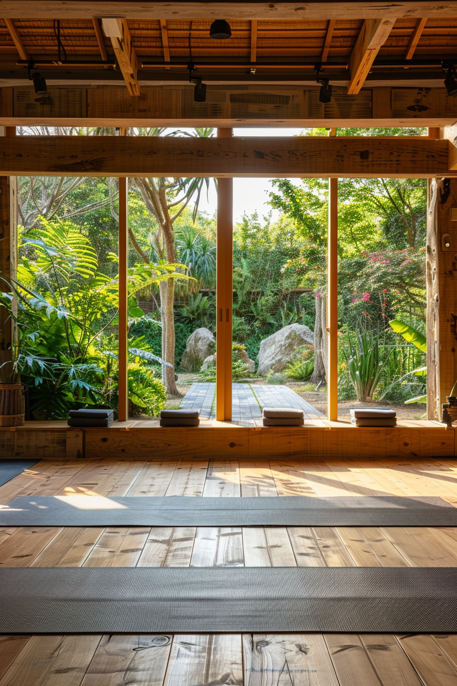 Japandi yoga studio. Wide view with large windows overlooking a serene Zen garden.