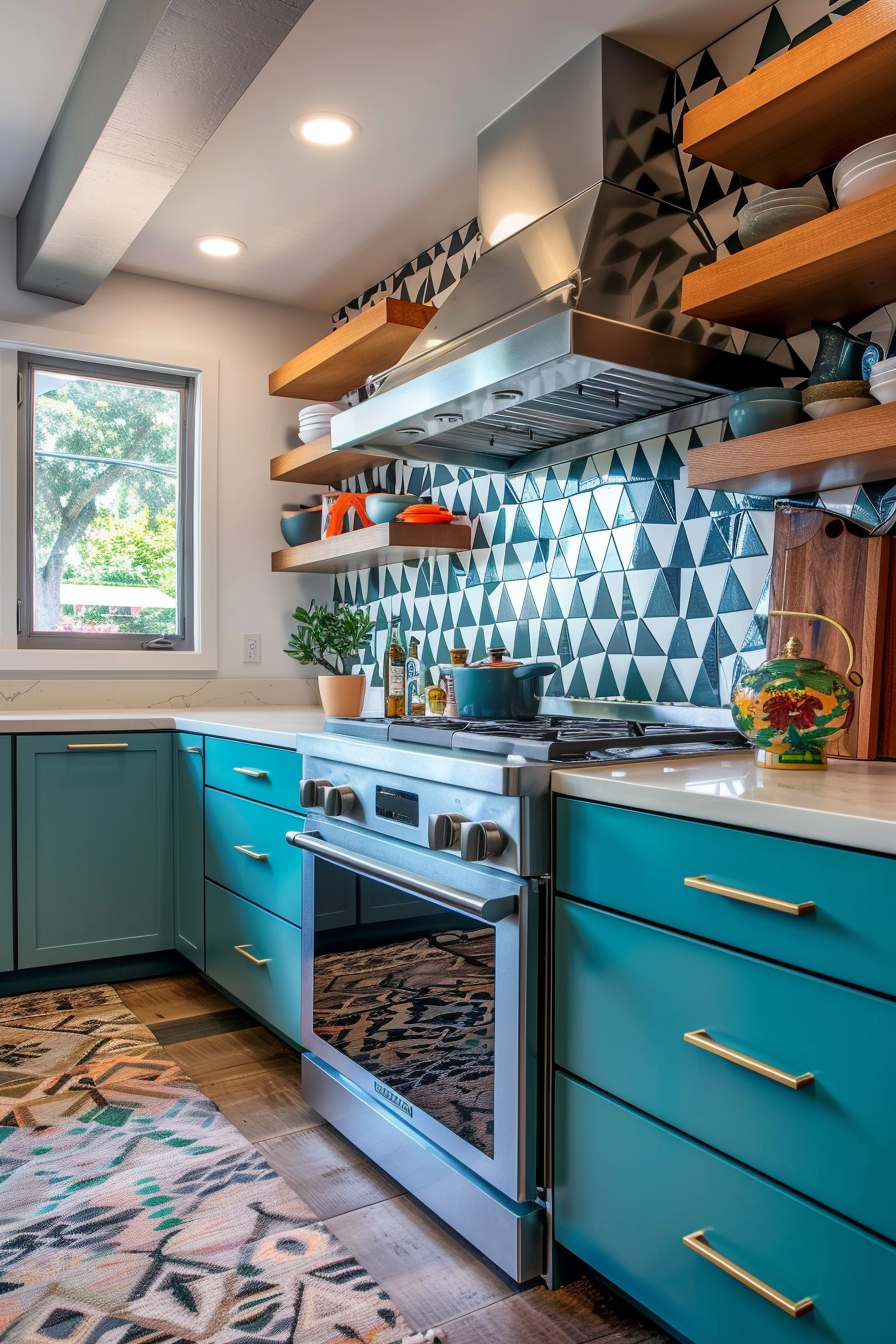 Mid Century Modern Kitchen. Teal cabinets and bold geometric tile backsplash.