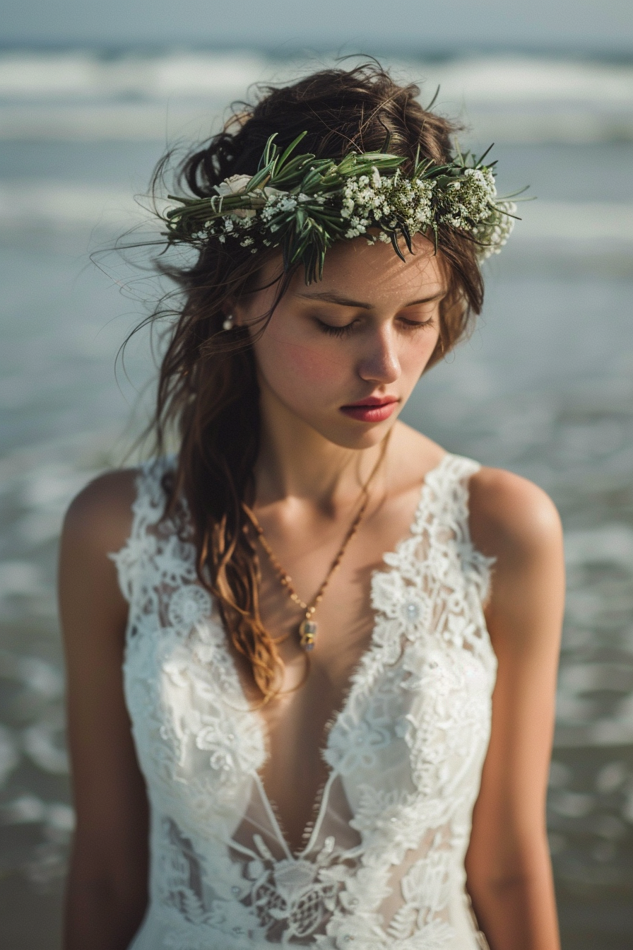 Beach wedding attire. Lace bridal gown with wildflower crown.