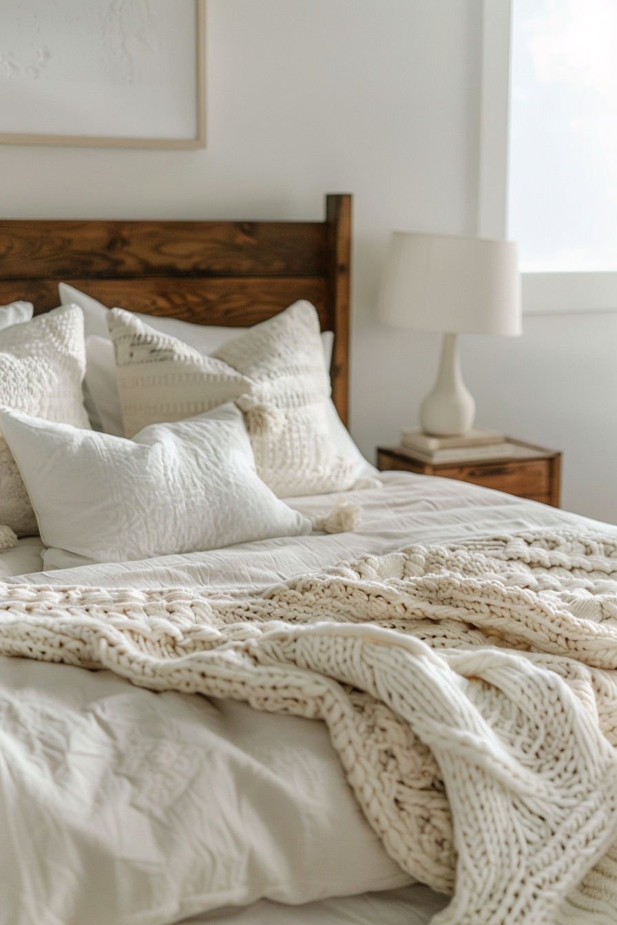 Neutral bedroom. White linen bed with cream knit throw and wooden bedframe.